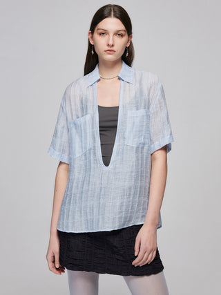 Simple Project Linen V-neck Shirt-Blue