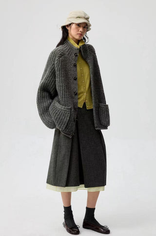 Simple Project Chunky Wool Cardigan-Charcoal