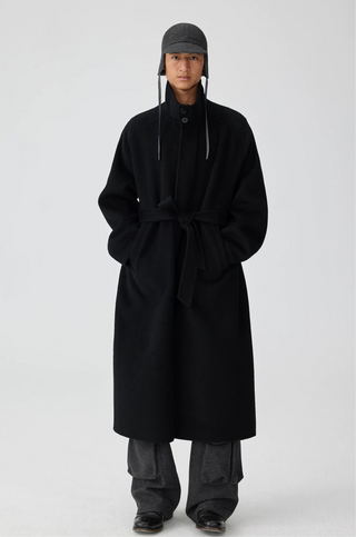 Simple Project High Neck Wool Coat-Black