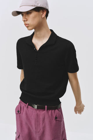 Simple Project Fitted Knit Polo-Black