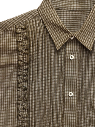 6CRAYON Retro Military Green Plaid Cotton Peplum Blouse