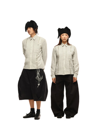 6CRAYON Retro Off-White Plaid Cotton Peplum Blouse