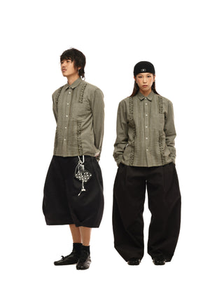 6CRAYON Retro Military Green Plaid Cotton Peplum Blouse