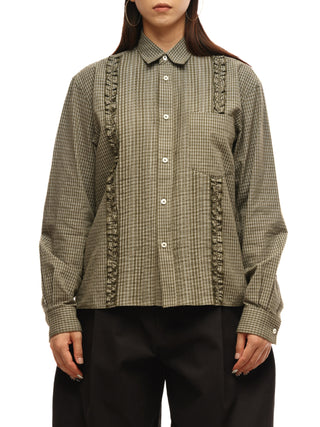 6CRAYON Retro Military Green Plaid Cotton Peplum Blouse