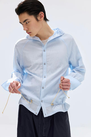 Simple Project Lace-up Hooded Shirt-Sky Blue