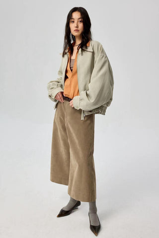 Simple Project Suede Cropped Pants-Khaki