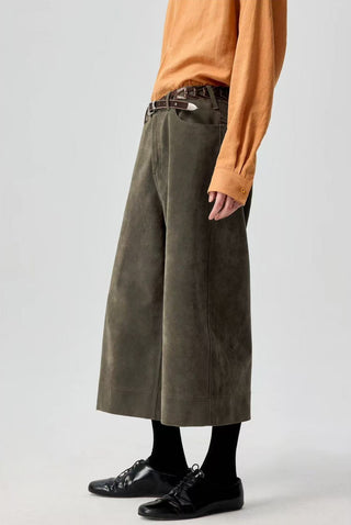 Simple Project Suede Cropped Pants-Olive