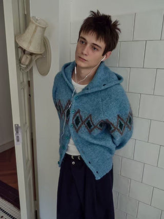 Simple Project Jacquard Sweater-Turquoise