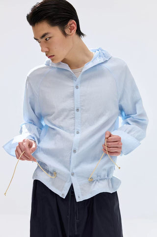 Simple Project Lace-up Hooded Shirt-Sky Blue